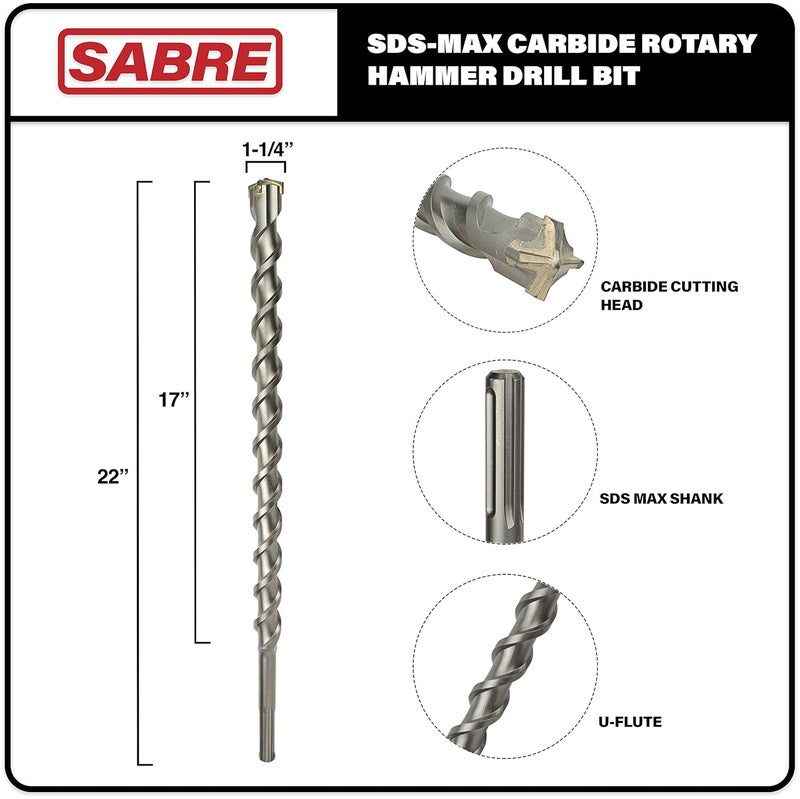 Sabre Tools Sabre Tool 1-1/4 Inch x 22 Inch SDS MAX Rotary Hammer Drill Bit, U-Flute, Carbide Tipped for Brick, Stone, and Concrete (1-1/4" x 17" x 22") - Image 2
